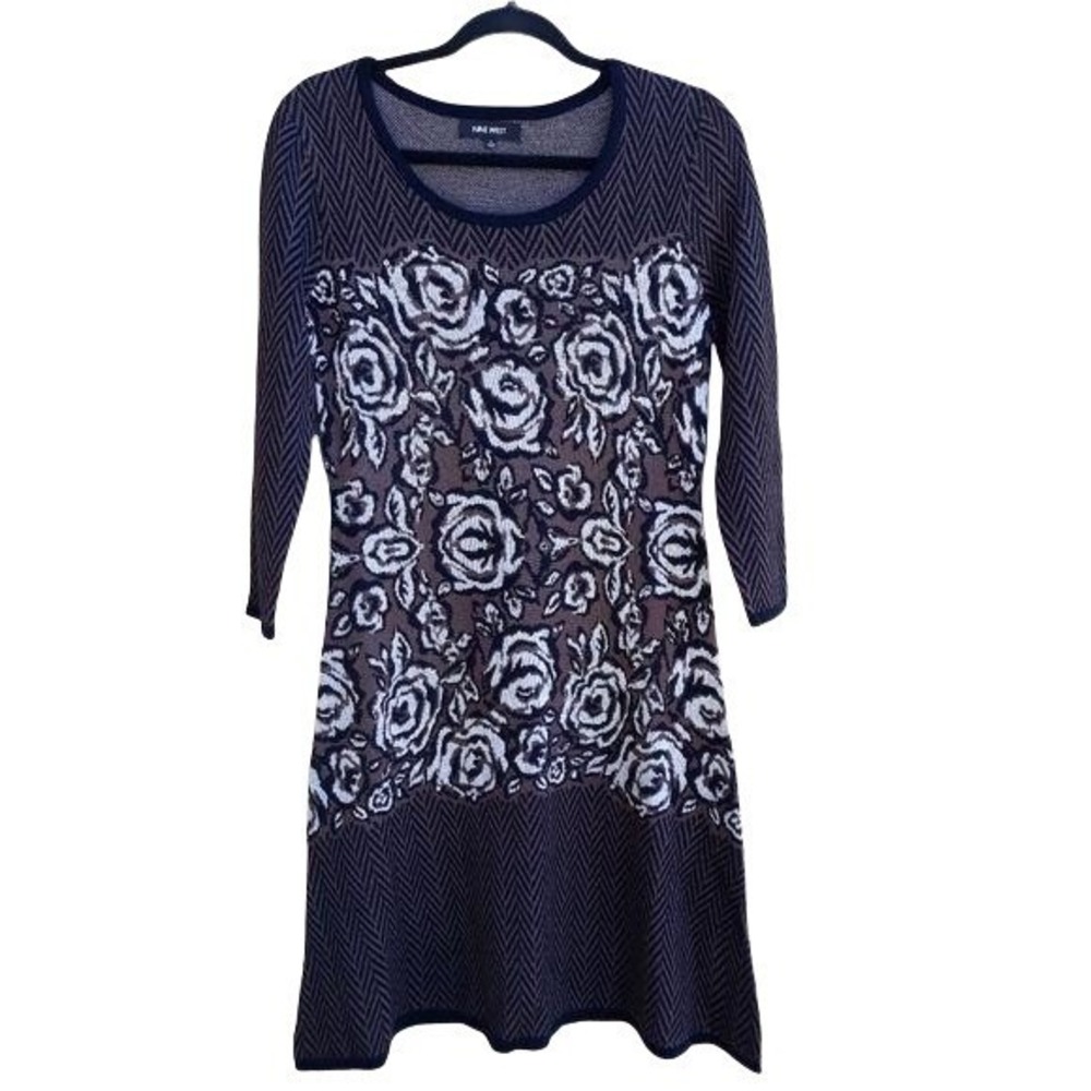 Dark Acedemia Rosette Herringbone Knit Sweater Dress Sz‎ S Brown Earthy Romantic
